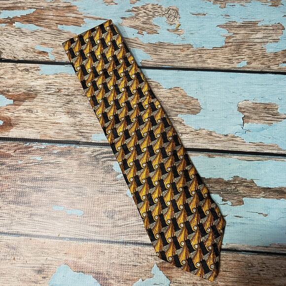 Ermenegildo Zegna 100% Silk Neck Tie Gold Copper Black Print Made In Italy - Picture 5 of 10